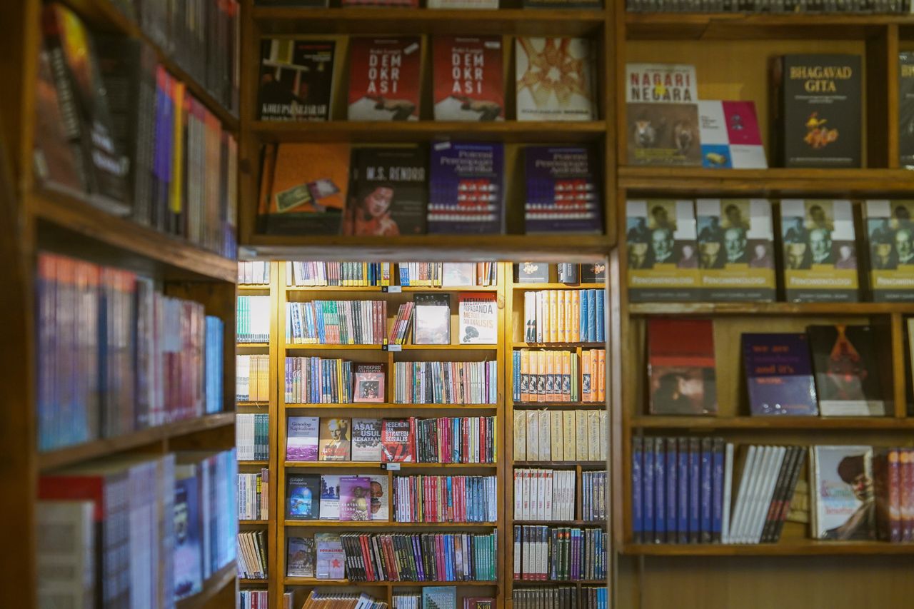 Warm and inviting bookshelf corridor displaying a wide range of books in a cozy bookstore.